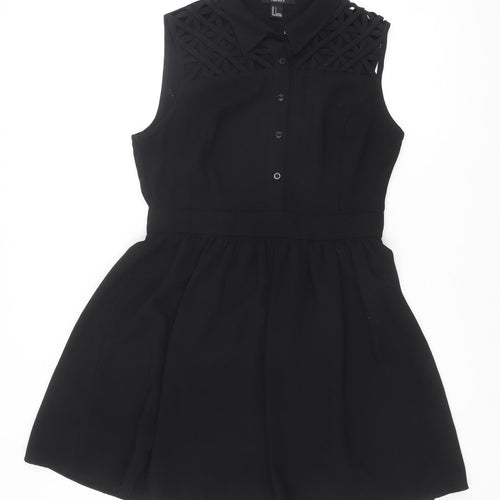 FOREVER 21 Womens Black Polyester Shirt Dress Size L Collared Zip - Lattice Shoulder Detail