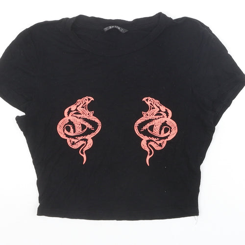 SheIn Womens Black Polyester Cropped T-Shirt Size S Round Neck - Chinese Dragon
