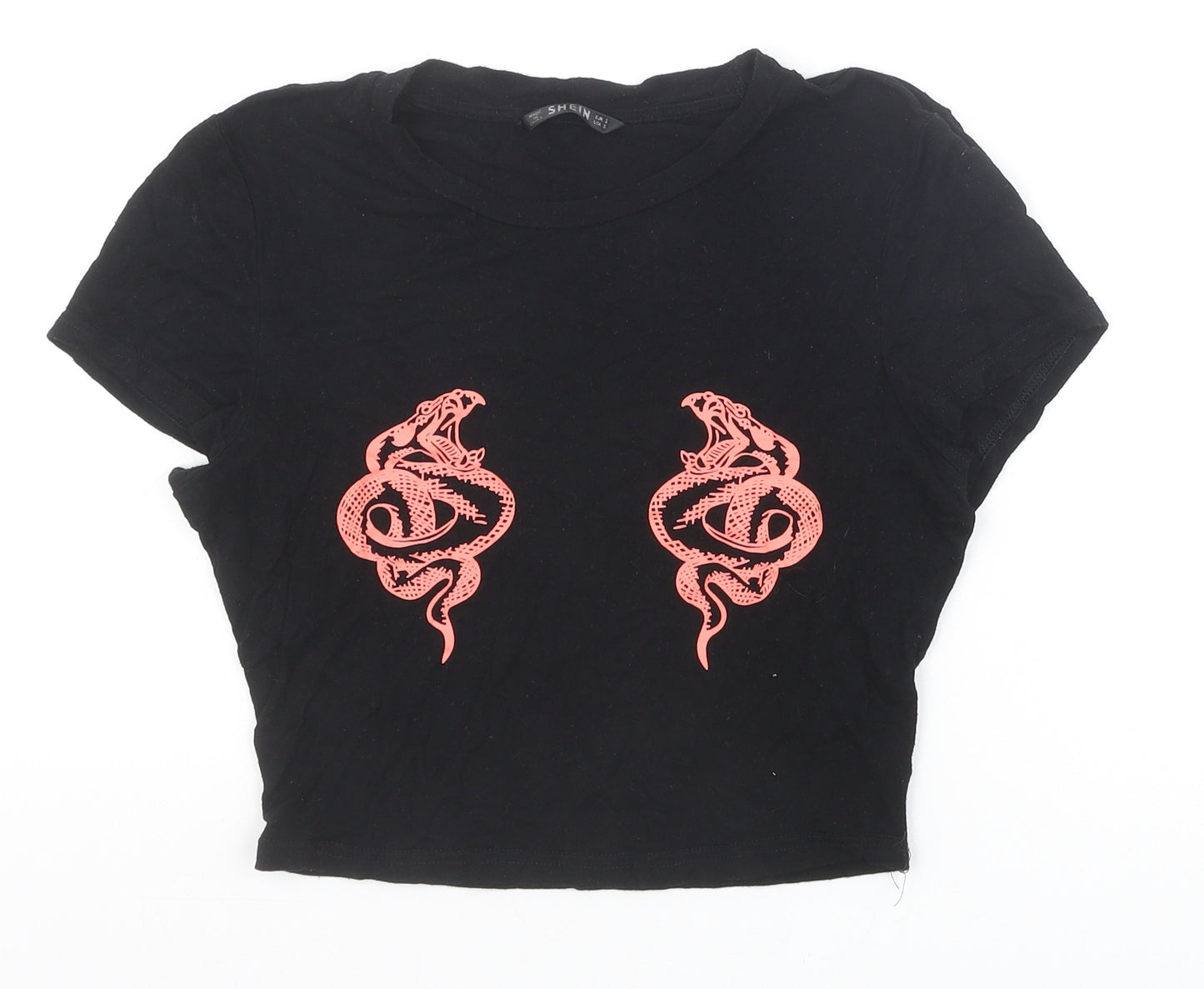 SheIn Womens Black Polyester Cropped T-Shirt Size S Round Neck - Chinese Dragon