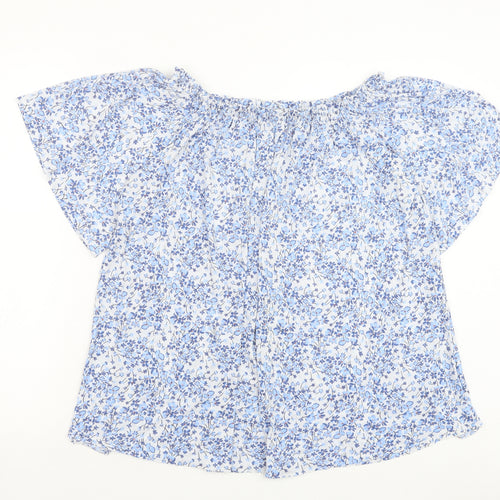 H&M Womens Blue Floral Polyester Basic Blouse Size S Boat Neck