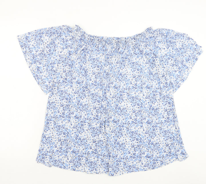H&M Womens Blue Floral Polyester Basic Blouse Size S Boat Neck