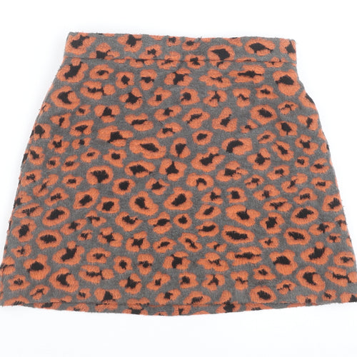 Topshop Womens Orange Animal Print Polyester Mini Skirt Size 8 Zip - Leopard Pattern