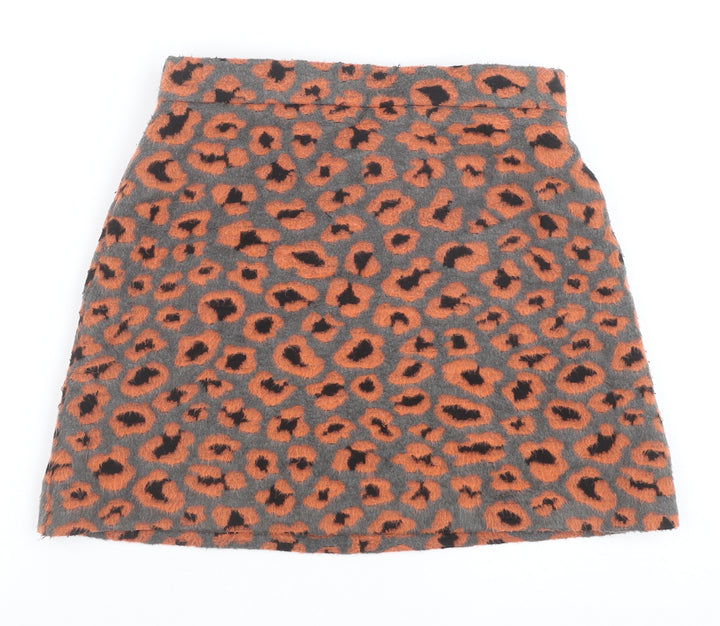 Topshop Womens Orange Animal Print Polyester Mini Skirt Size 8 Zip - Leopard Pattern