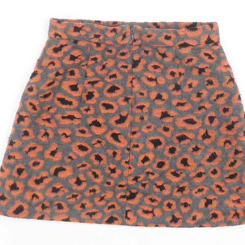 Topshop Womens Orange Animal Print Polyester Mini Skirt Size 8 Zip - Leopard Pattern