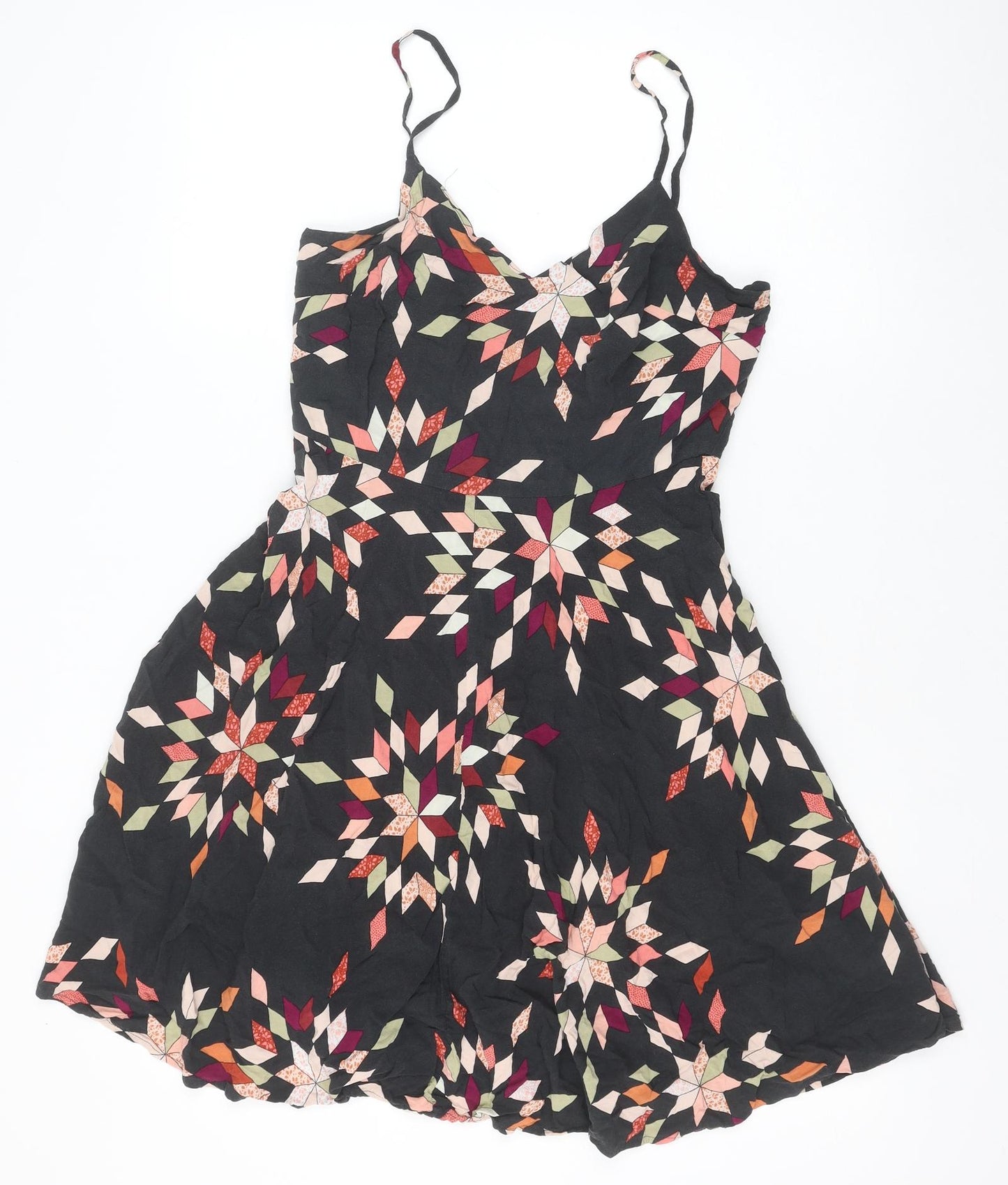 Gap Womens Black Geometric Viscose Skater Dress Size S V-Neck Pullover - Shirred Back