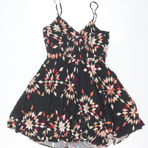 Gap Womens Black Geometric Viscose Skater Dress Size S V-Neck Pullover - Shirred Back
