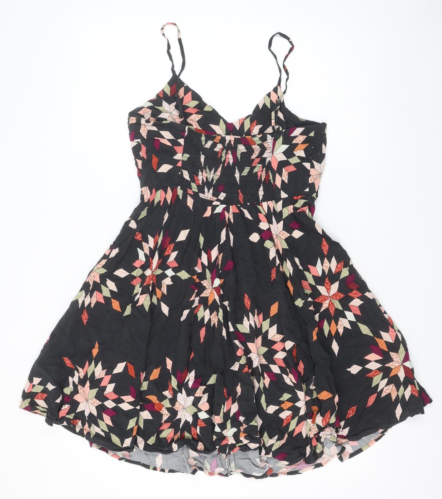 Gap Womens Black Geometric Viscose Skater Dress Size S V-Neck Pullover - Shirred Back