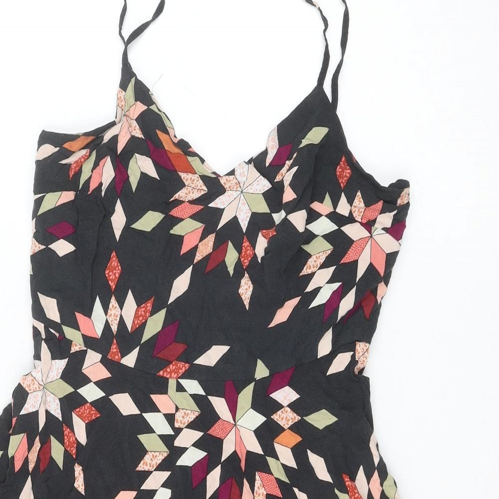 Gap Womens Black Geometric Viscose Skater Dress Size S V-Neck Pullover - Shirred Back