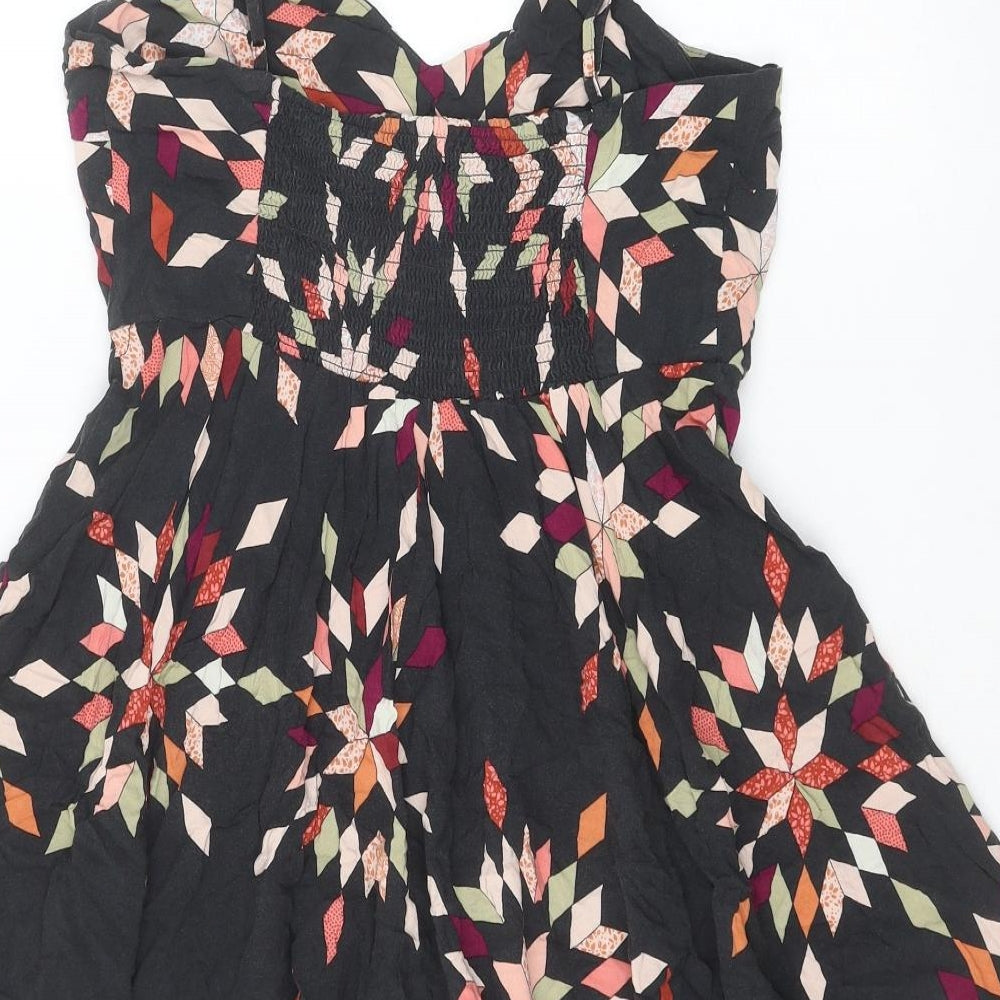 Gap Womens Black Geometric Viscose Skater Dress Size S V-Neck Pullover - Shirred Back