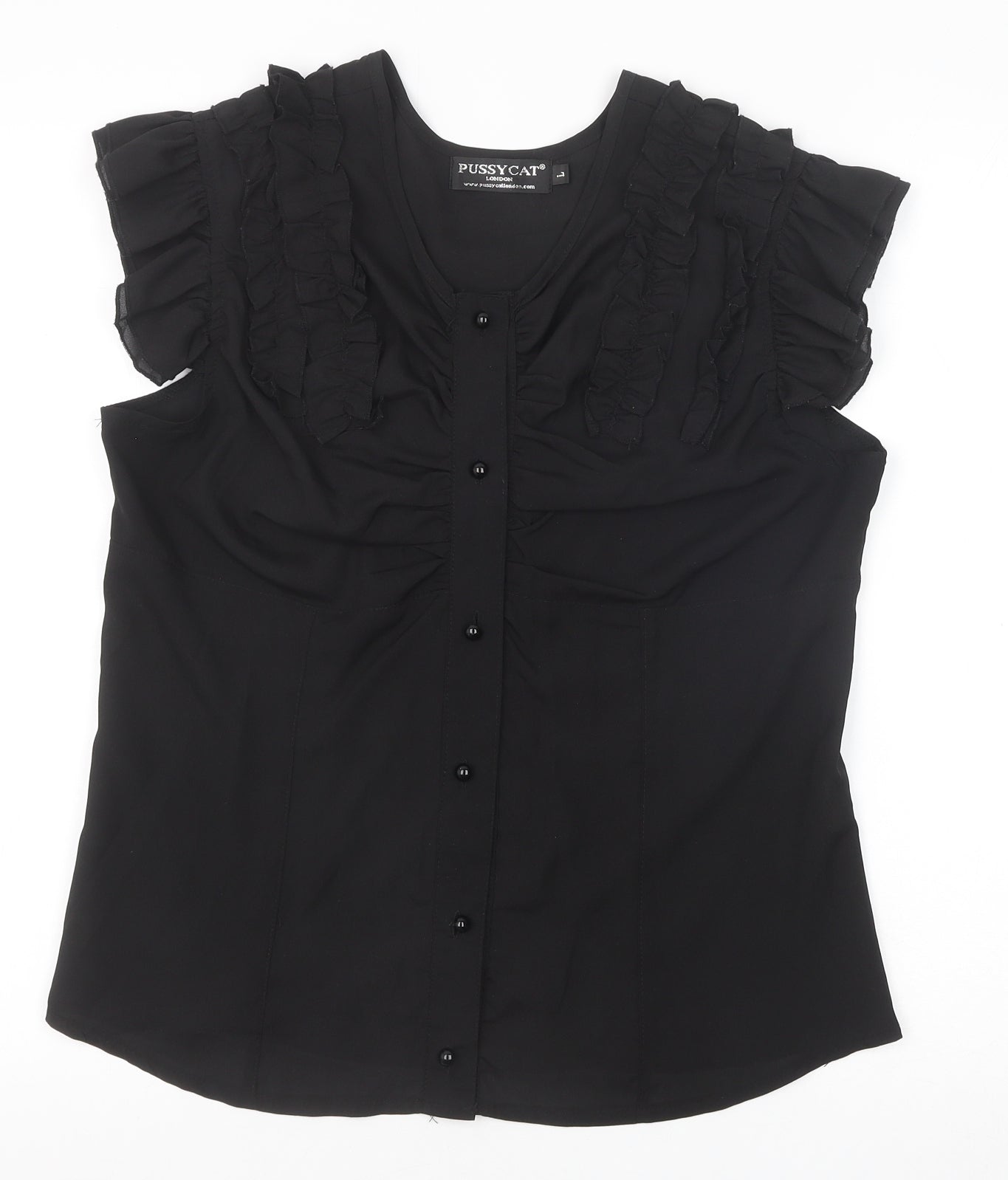 Pussycat London Womens Black Silk Basic Blouse Size L Round Neck