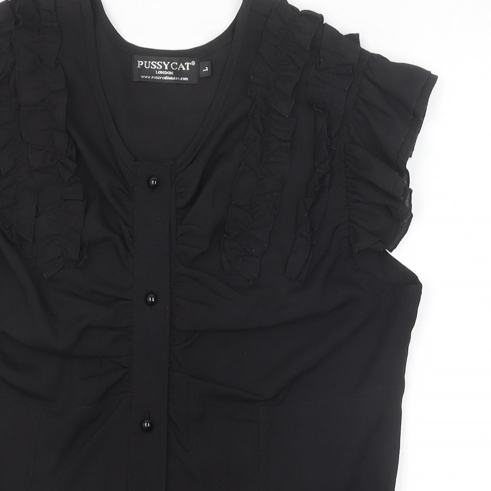 Pussycat London Womens Black Silk Basic Blouse Size L Round Neck