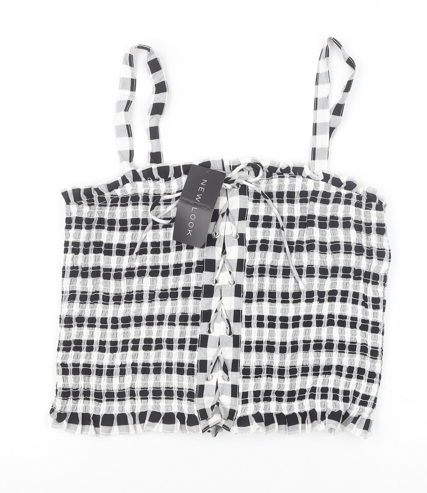 New Look Womens Black Check Viscose Cropped Tank Size 14 Square Neck - Shirred Back