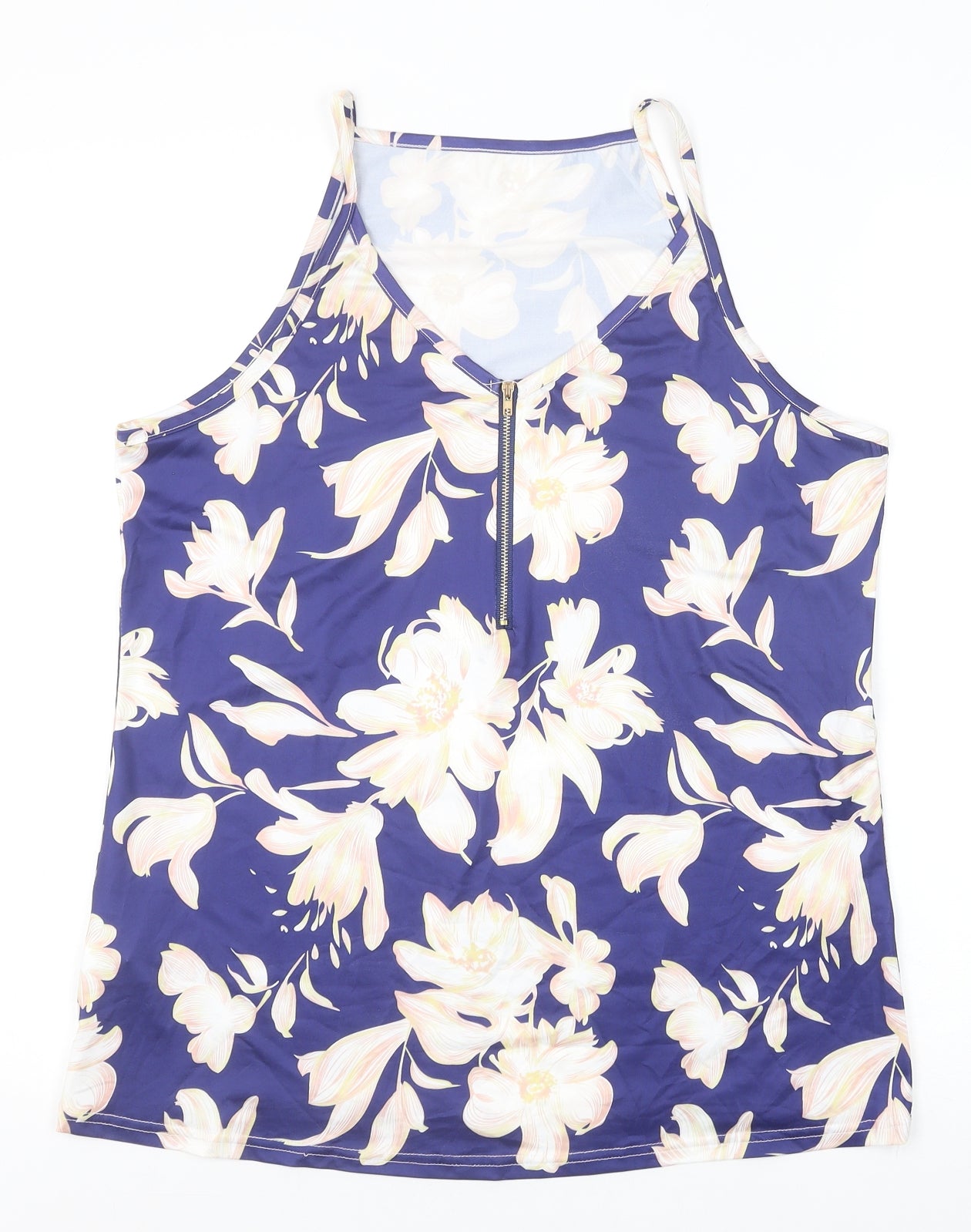 Preworn Womens Blue Floral Cotton Basic Tank Size XL V-Neck