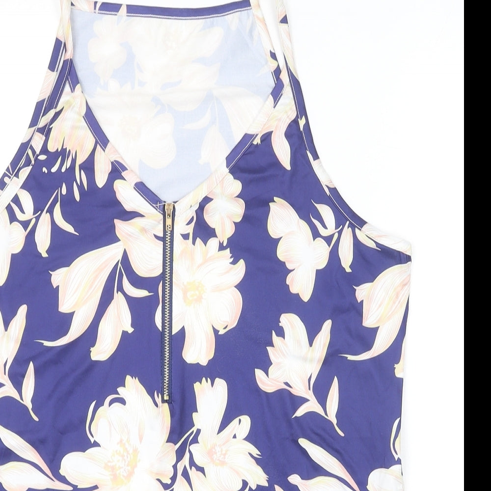 Preworn Womens Blue Floral Cotton Basic Tank Size XL V-Neck