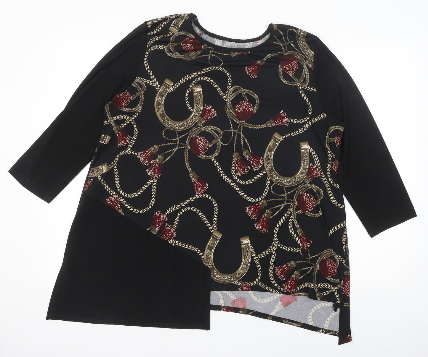 Preworn Womens Black Geometric Polyester Basic Blouse Size 14 Scoop Neck - Horseshoe, Asymmetric