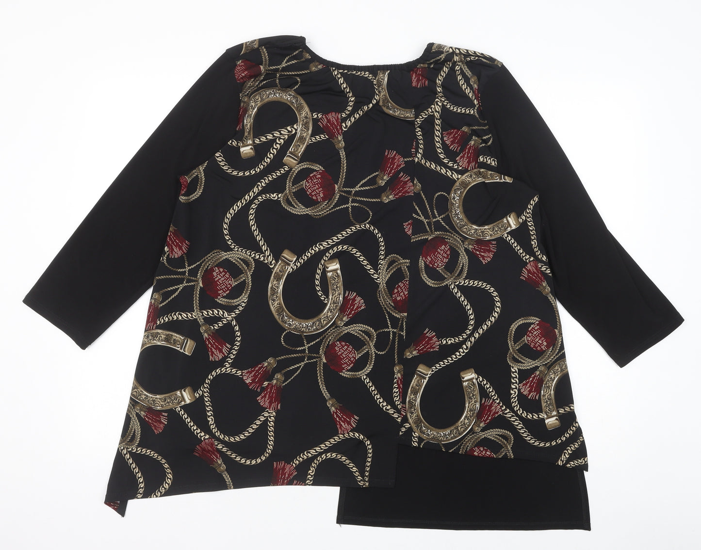 Preworn Womens Black Geometric Polyester Basic Blouse Size 14 Scoop Neck - Horseshoe, Asymmetric