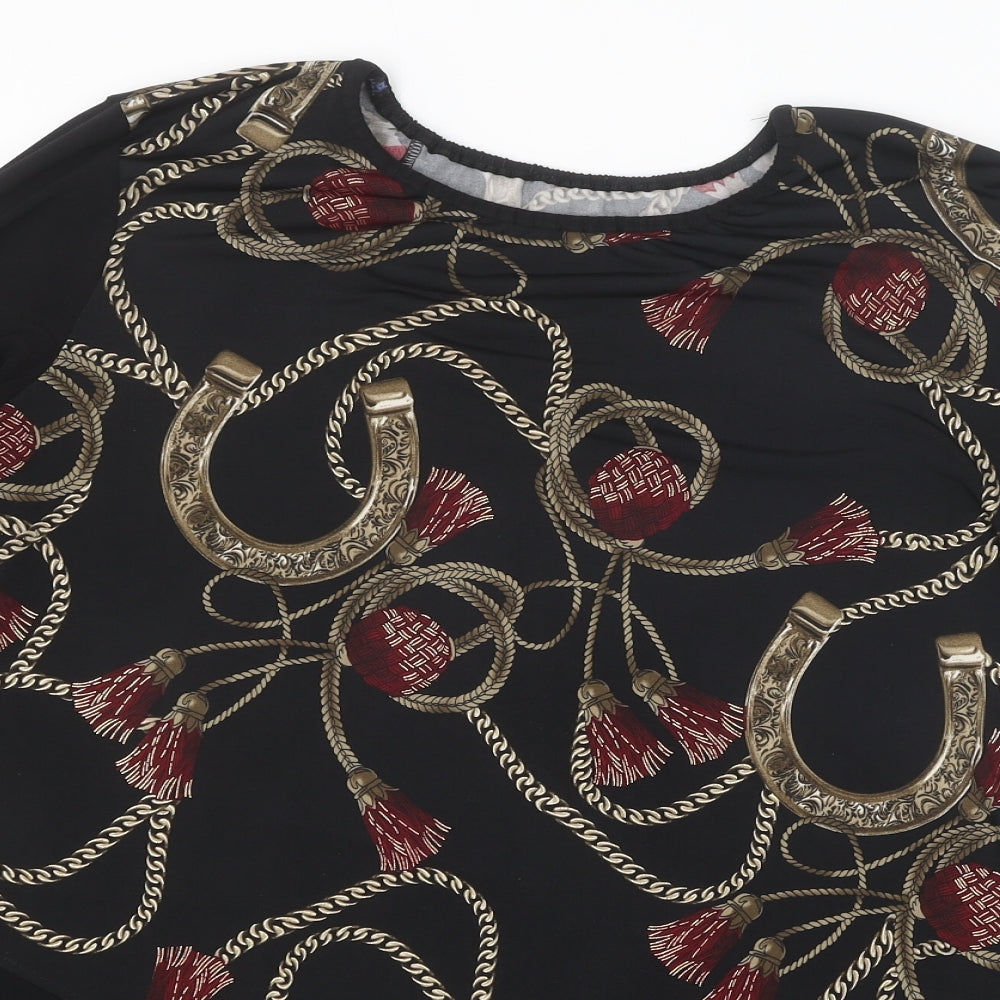 Preworn Womens Black Geometric Polyester Basic Blouse Size 14 Scoop Neck - Horseshoe, Asymmetric