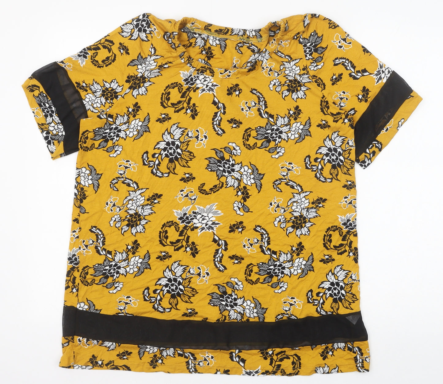 George Womens Yellow Floral Viscose Basic T-Shirt Size 16 Scoop Neck - Chiffon Panels