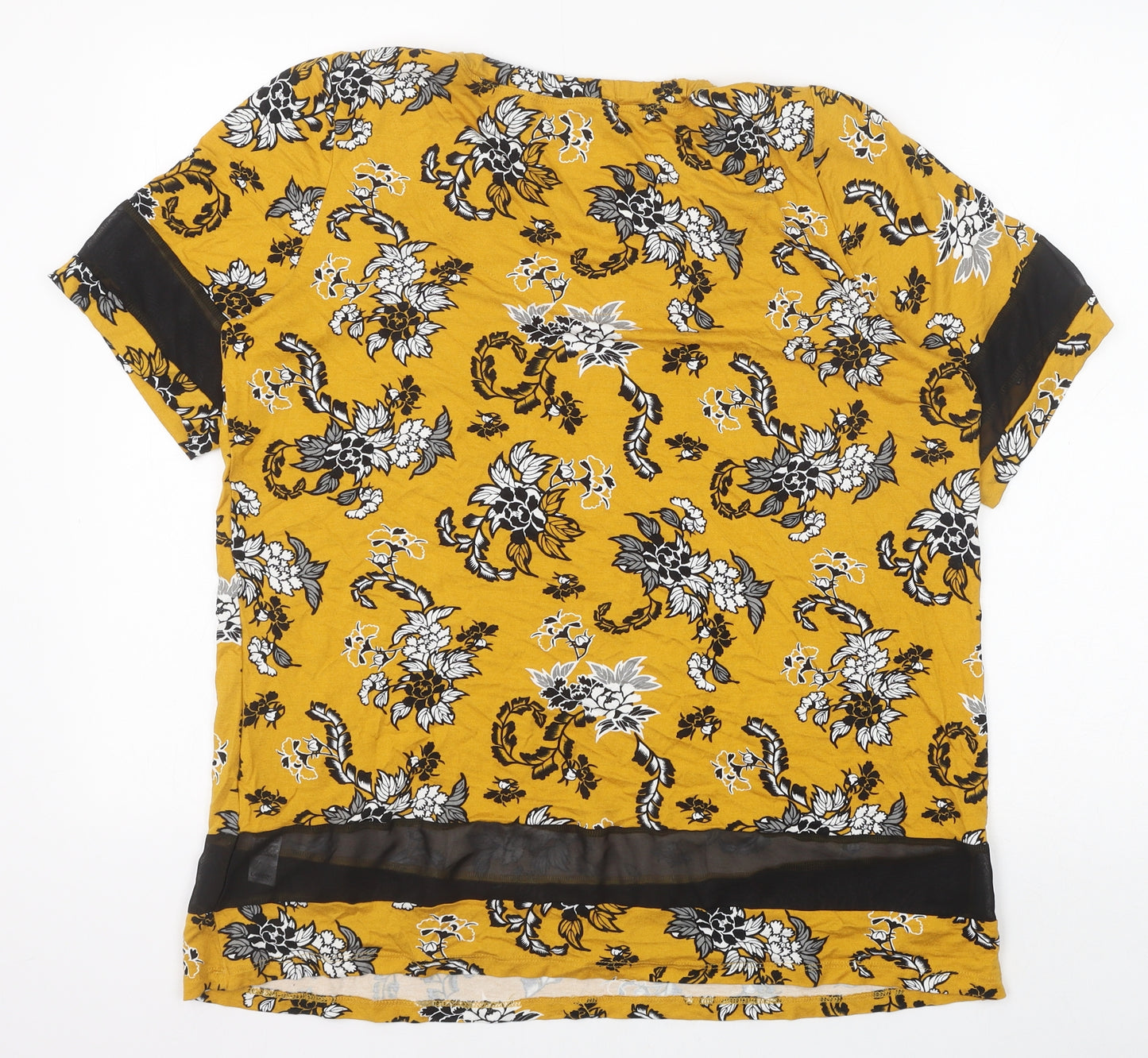 George Womens Yellow Floral Viscose Basic T-Shirt Size 16 Scoop Neck - Chiffon Panels