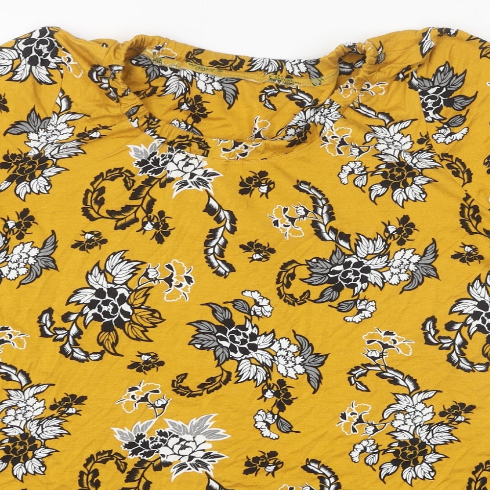 George Womens Yellow Floral Viscose Basic T-Shirt Size 16 Scoop Neck - Chiffon Panels