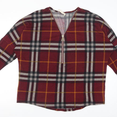 Stella Morgan Womens Red Plaid Polyester Basic Blouse Size 12 V-Neck