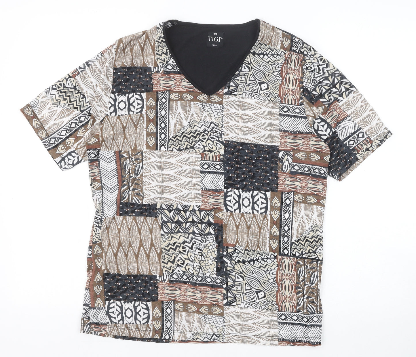 TIGI Womens Brown Geometric Polyester Basic T-Shirt Size 12 V-Neck