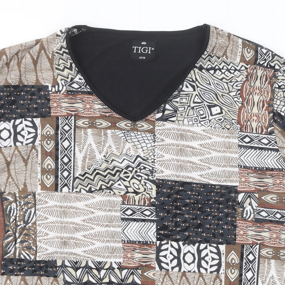 TIGI Womens Brown Geometric Polyester Basic T-Shirt Size 12 V-Neck