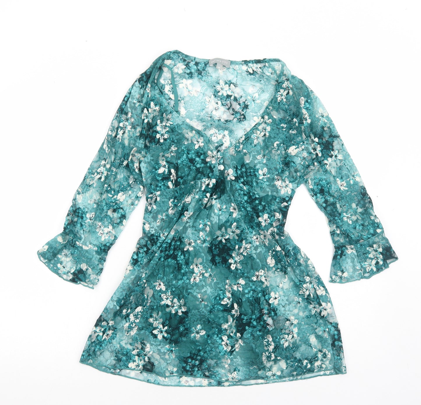 Per Una Womens Green Floral Cotton Tunic Blouse Size 14 V-Neck