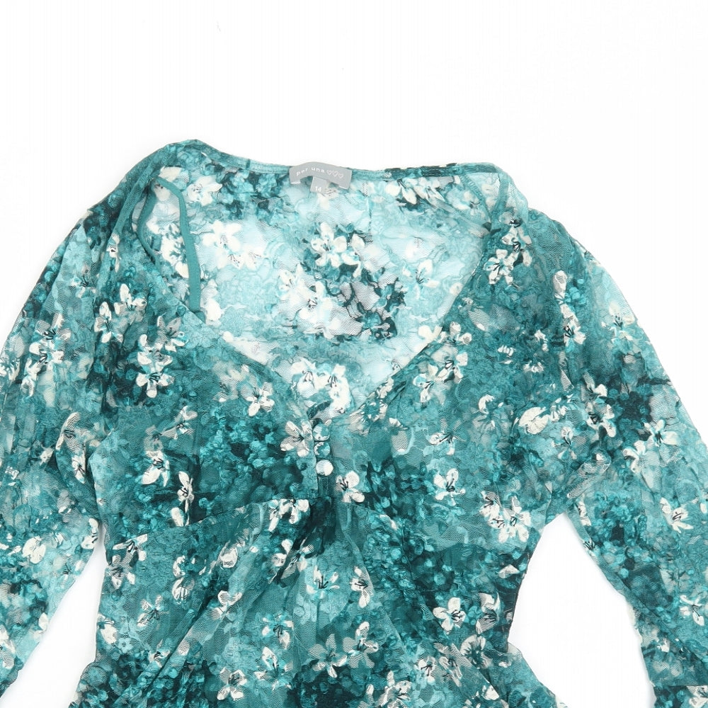 Per Una Womens Green Floral Cotton Tunic Blouse Size 14 V-Neck