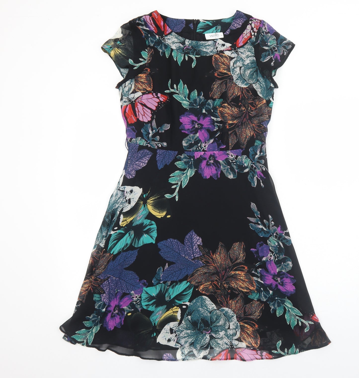 Wallis Womens Black Floral Polyester Fit & Flare Size 10 Boat Neck Zip