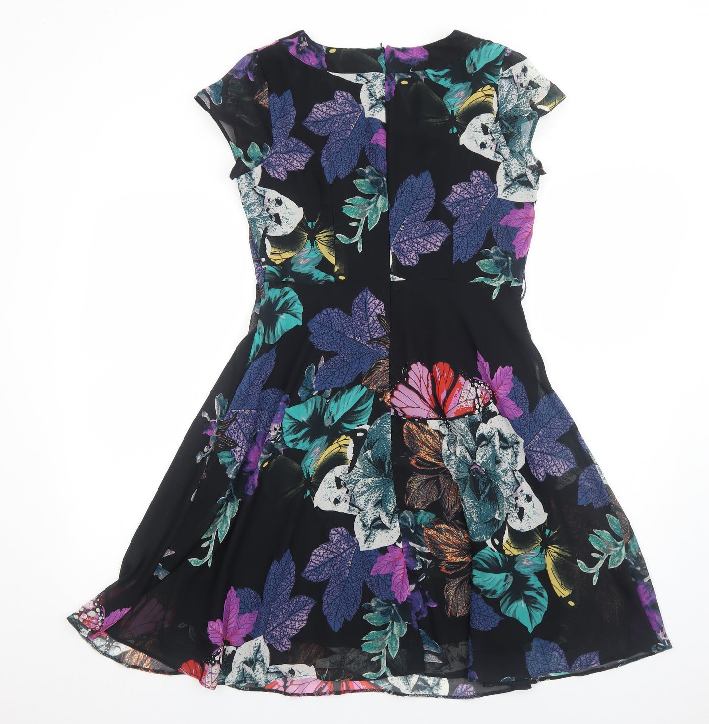 Wallis Womens Black Floral Polyester Fit & Flare Size 10 Boat Neck Zip