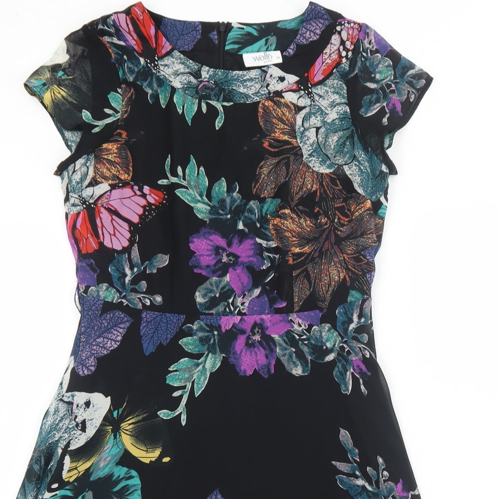 Wallis Womens Black Floral Polyester Fit & Flare Size 10 Boat Neck Zip