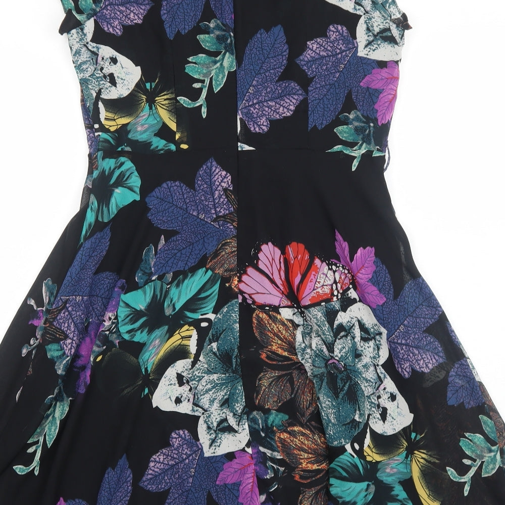 Wallis Womens Black Floral Polyester Fit & Flare Size 10 Boat Neck Zip