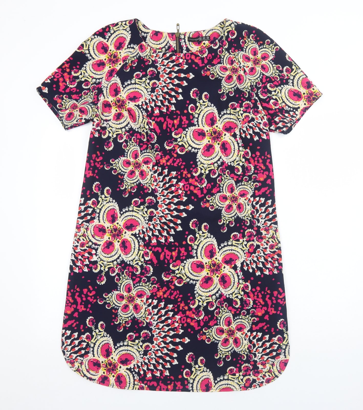 Primark Womens Blue Geometric Polyester Shift Size 14 Boat Neck Zip