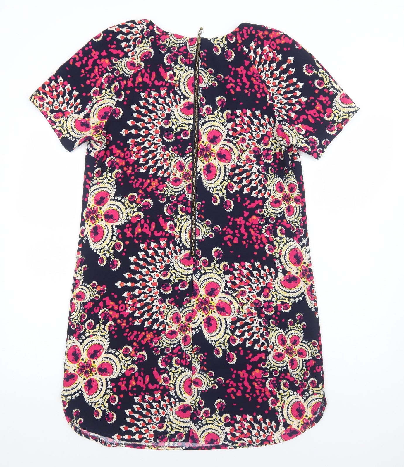 Primark Womens Blue Geometric Polyester Shift Size 14 Boat Neck Zip