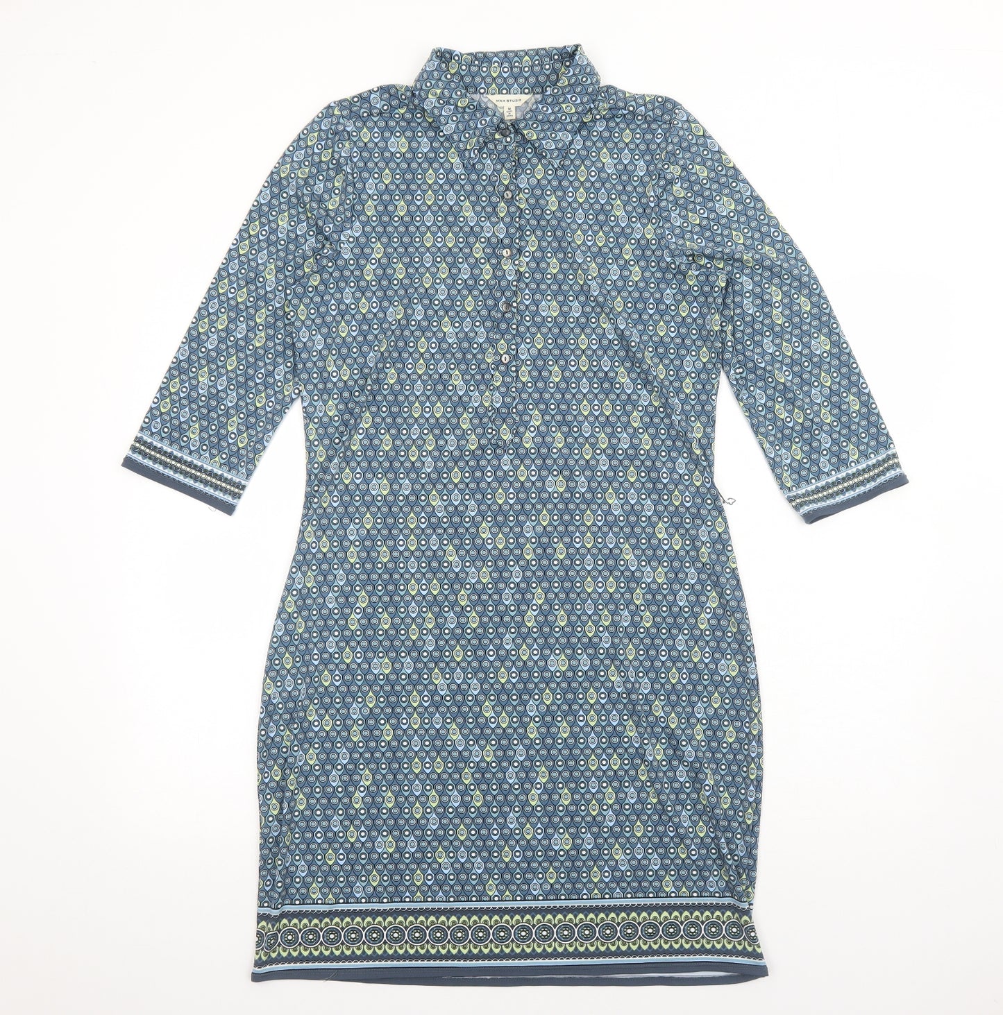Max Studio Womens Blue Geometric Polyester Shirt Dress Size M Collared Button