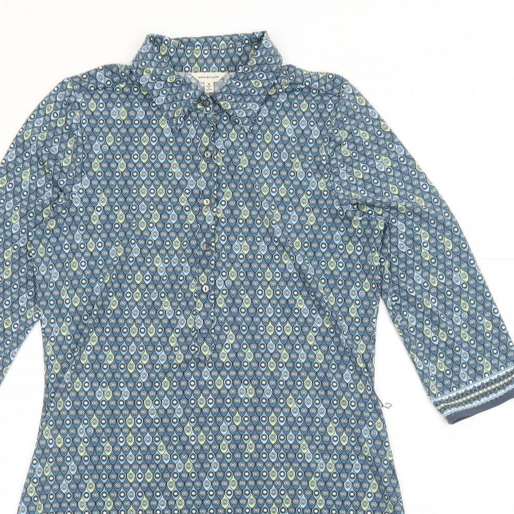 Max Studio Womens Blue Geometric Polyester Shirt Dress Size M Collared Button