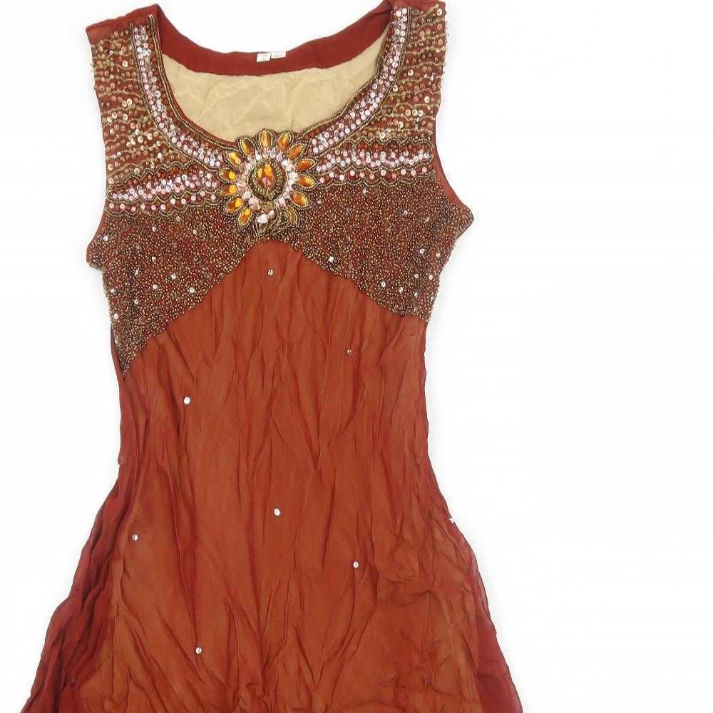Preworn Womens Brown Polyester Fit & Flare Size 12 Scoop Neck Pullover - Embellished
