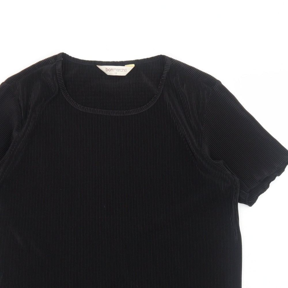 Bonmarché Womens Black Polyester Basic T-Shirt Size 12 Round Neck - Plisse