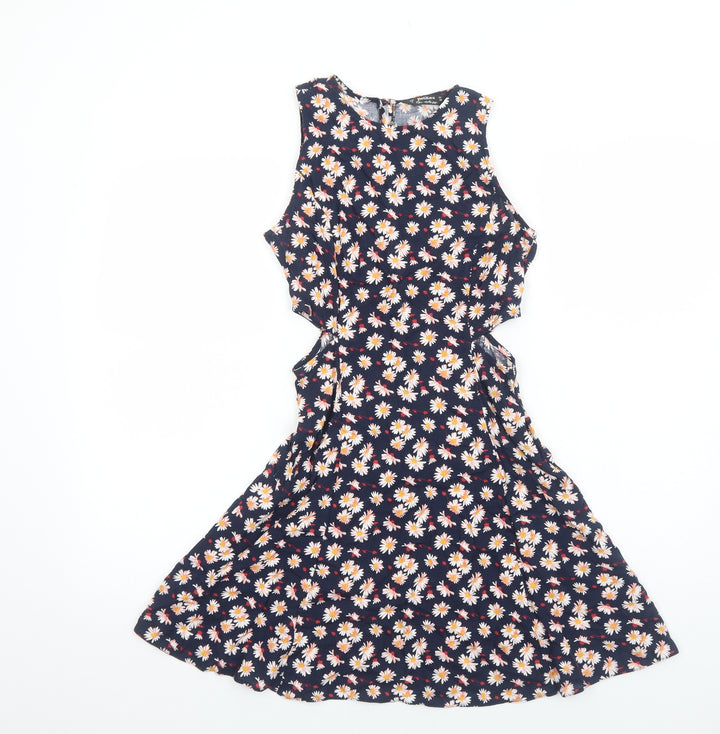 Miss Selfridge Womens Blue Floral Viscose Fit & Flare Size 6 Boat Neck Button