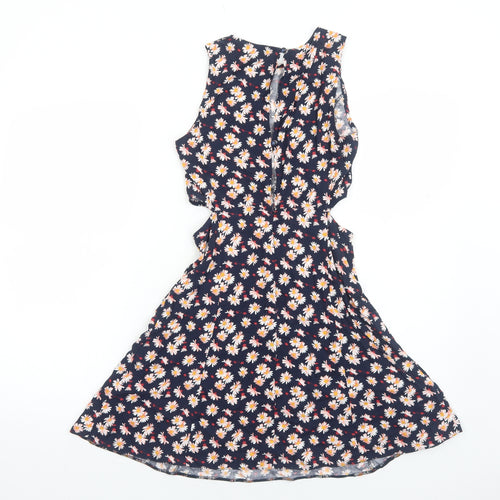 Miss Selfridge Womens Blue Floral Viscose Fit & Flare Size 6 Boat Neck Button