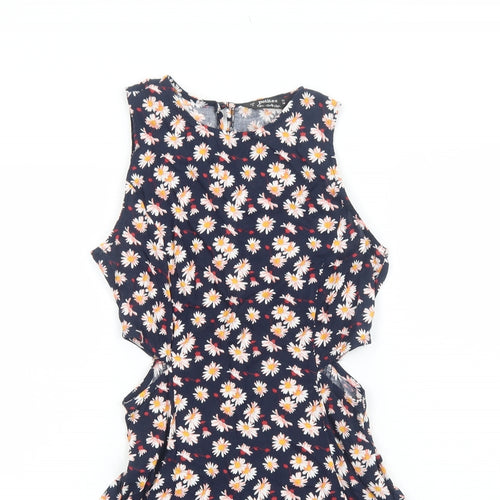 Miss Selfridge Womens Blue Floral Viscose Fit & Flare Size 6 Boat Neck Button