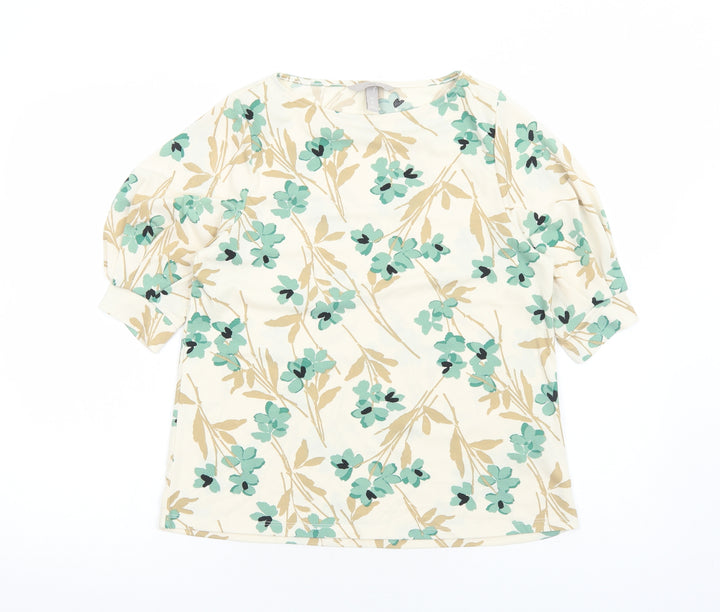 H&M Womens Ivory Floral Polyester Basic Blouse Size S Boat Neck