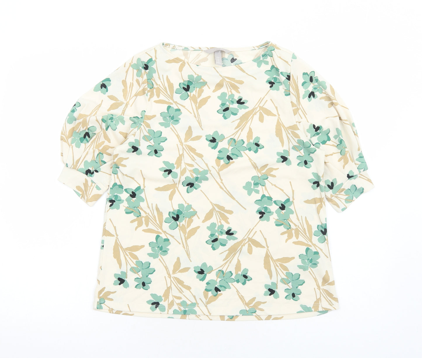 H&M Womens Ivory Floral Polyester Basic Blouse Size S Boat Neck