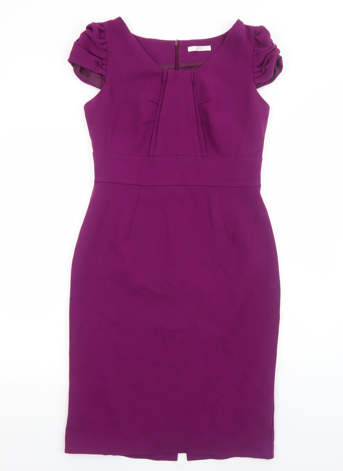Marks and Spencer Womens Purple Polyester Pencil Dress Size 12 Boat Neck Zip - Ruched Sleeves