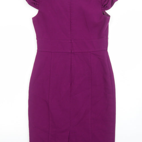 Marks and Spencer Womens Purple Polyester Pencil Dress Size 12 Boat Neck Zip - Ruched Sleeves