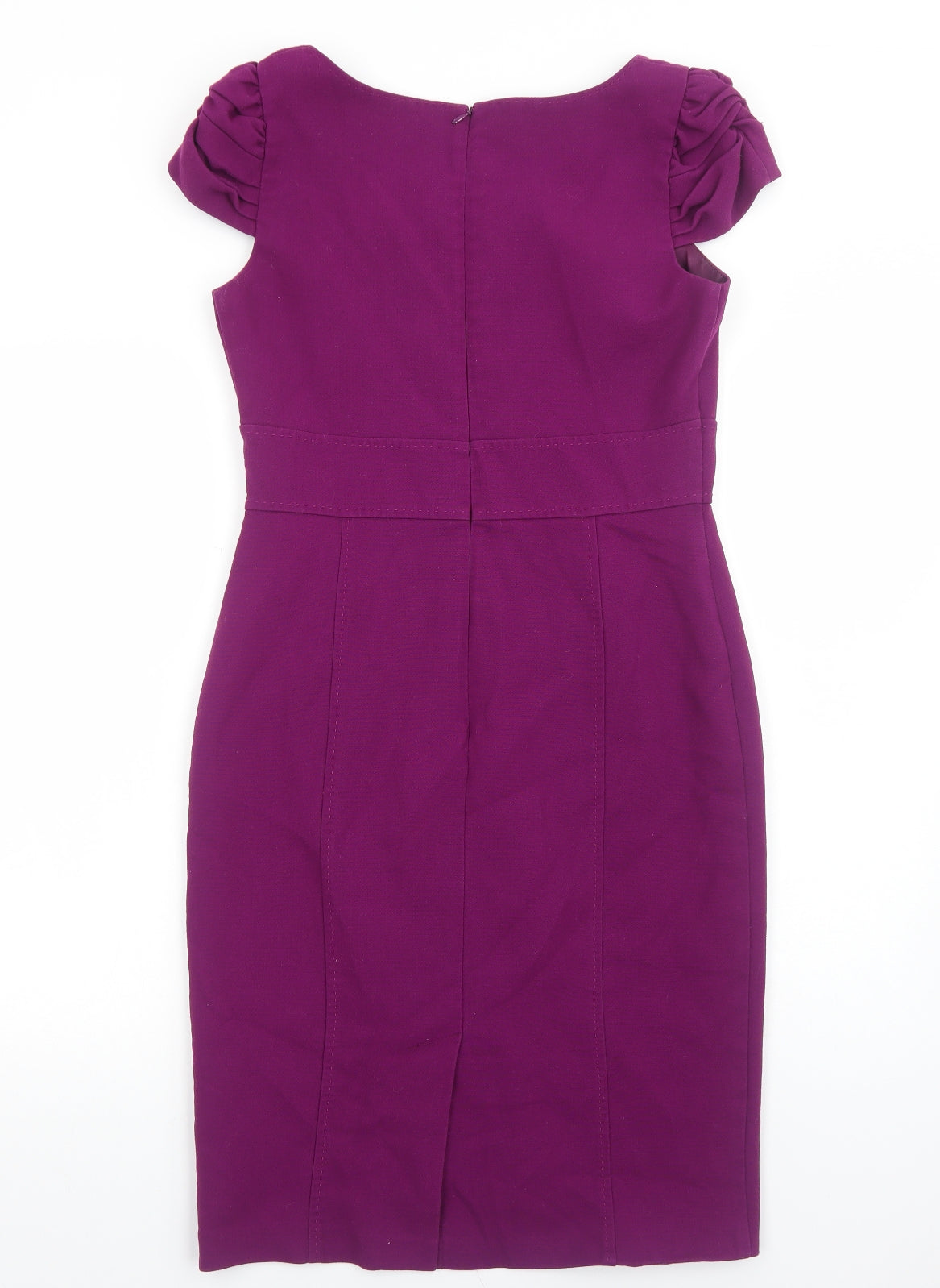 Marks and Spencer Womens Purple Polyester Pencil Dress Size 12 Boat Neck Zip - Ruched Sleeves