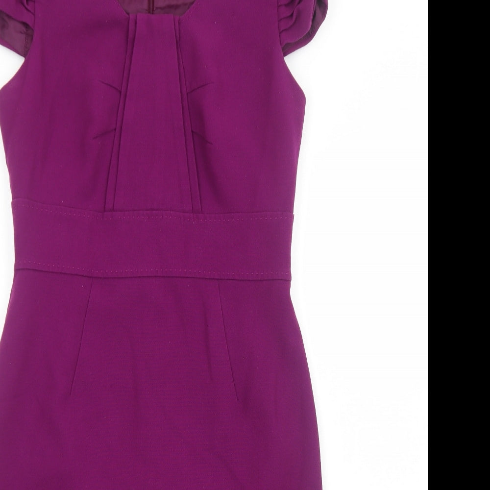Marks and Spencer Womens Purple Polyester Pencil Dress Size 12 Boat Neck Zip - Ruched Sleeves