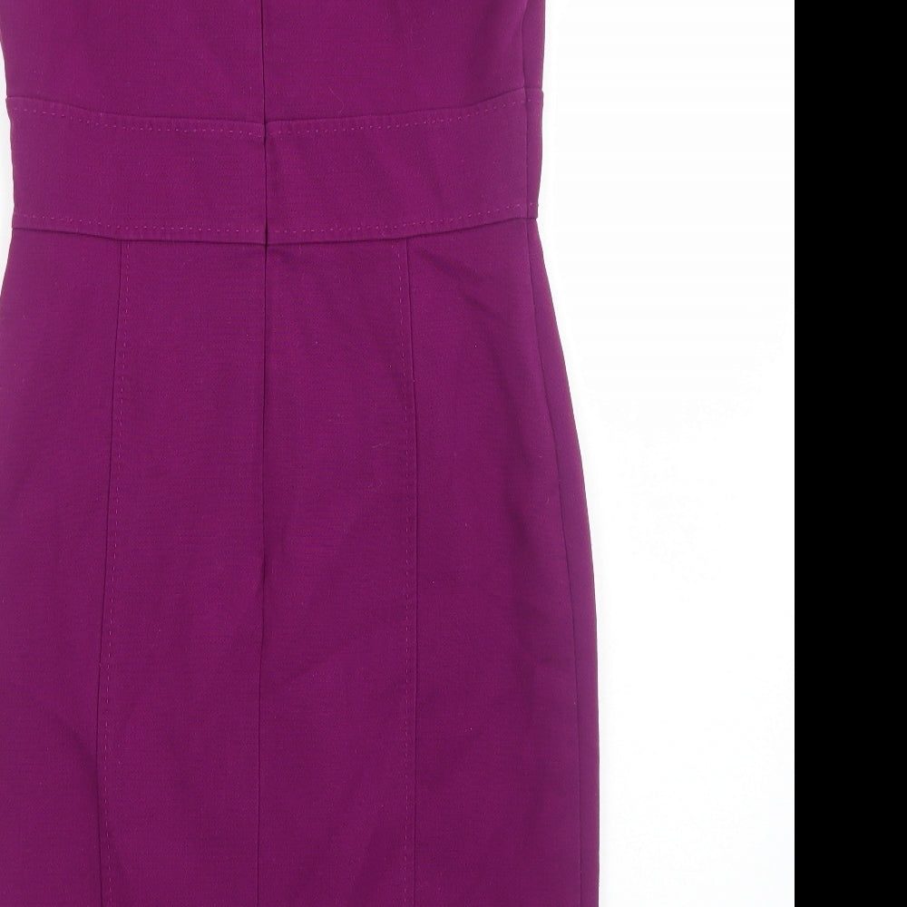 Marks and Spencer Womens Purple Polyester Pencil Dress Size 12 Boat Neck Zip - Ruched Sleeves