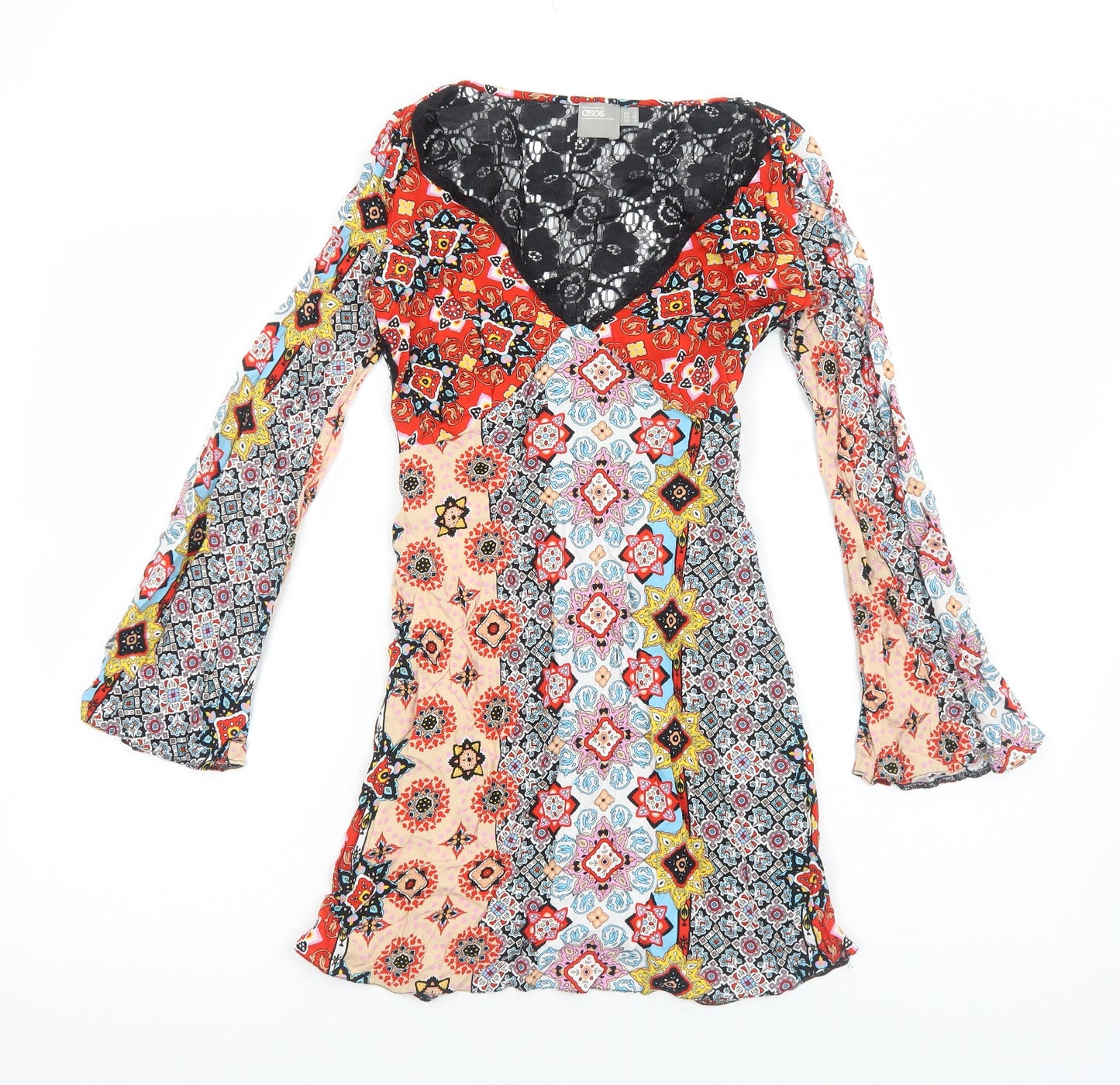 ASOS Womens Multicoloured Geometric Viscose Trapeze & Swing Size 8 V-Neck Zip